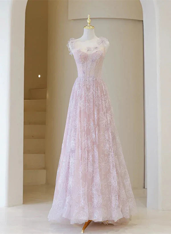 Light Round Neckline Lace Long Prom Dress A-line Pink Floor Length Party Dress