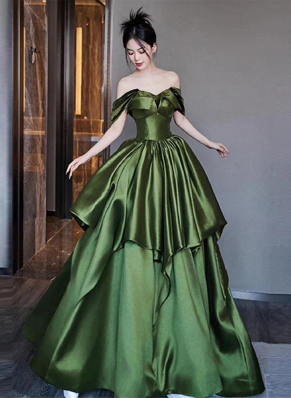Satin A-line Off Shoulder Ballgown Ruffle Tiered Floor Length Party Dress Prom Dress