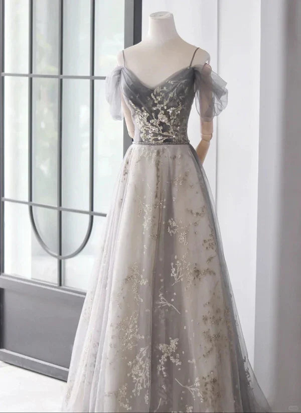 Light Grey Tulle A-line Straps Long Prom Dresses Evening Dress