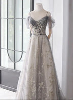 Light Grey Tulle A-line Straps Long Prom Dresses Evening Dress