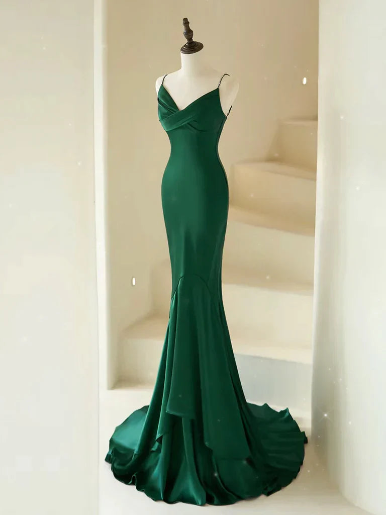 Mermaid V Neck Satin Long Prom Dress Formal Dress With Sweep Train