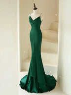 Mermaid V Neck Satin Long Prom Dress Formal Dress With Sweep Train
