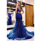 Spaghetti Straps Appliques Sequins Sparkly Mermaid Prom Dress