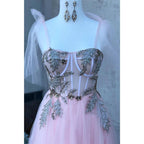 Sweetheart Pink Tulle Beads A-line Senior Prom Dress