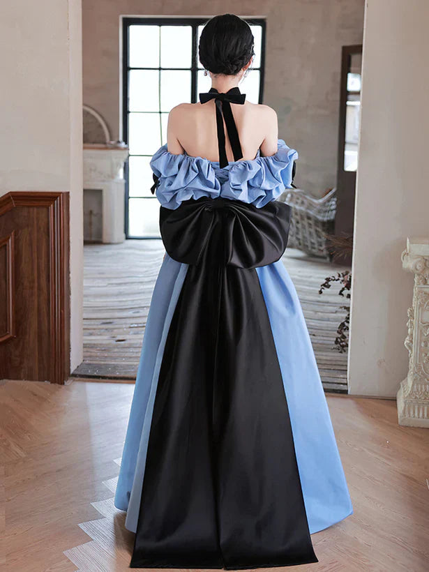 Satin Off Shoulder Black Lace Long Party Dress A-line Blue Prom Dress Evening Dress