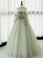 Light Off Shoulder Tulle Long Prom Dress A-line Green Party Dress
