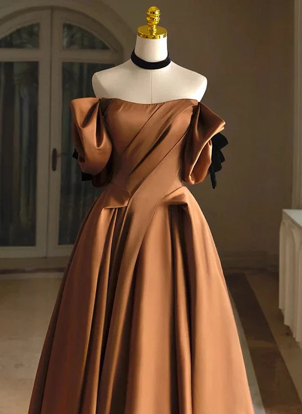 A-line Ballgown Satin Off Shoulder Scoop Long Prom Dress Evening Dress