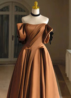 A-line Ballgown Satin Off Shoulder Scoop Long Prom Dress Evening Dress