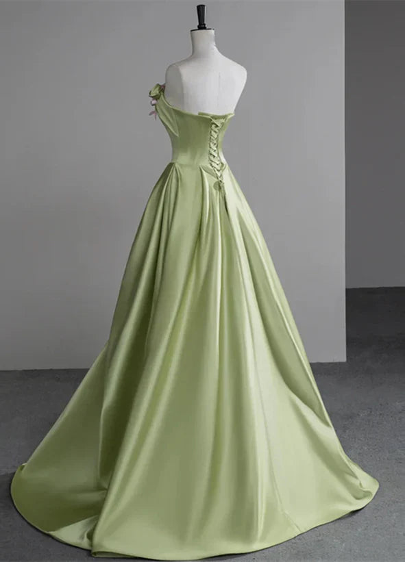 A-line Ballgown Satin with Flowers Long Evening Dress Satin Prom Dress