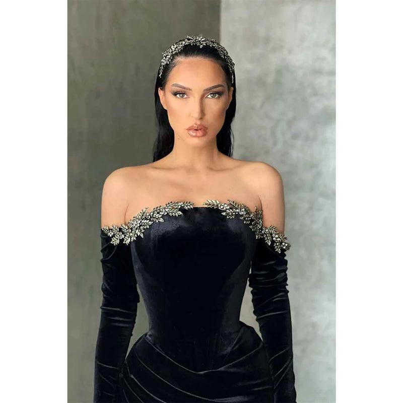 Unique Off Shoulder Beads Long Sleeves Black Velvet Formal Evening Dress with Slit