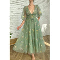 Sexy V-neck Half Sleeves Embroidery Lace Prom Dress with Pockets