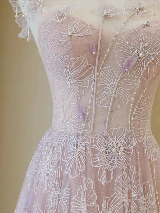 Light Round Neckline Lace Long Prom Dress A-line Pink Floor Length Party Dress