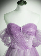 Lavender Tulle A-line Beaded Off Shoulder Party Dress Long Formal Quinceanera Dress