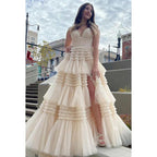 V-Neck Spaghetti Straps Ruched Tulle A-Line Long Homecoming Court Dress
