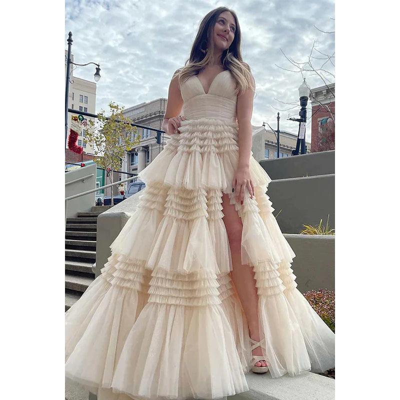 V-Neck Spaghetti Straps Ruched Tulle A-Line Long Homecoming Court Dress