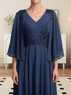 A-line V-Neck Tea-Length Chiffon Lace Mother of the Bride Dress With Beading Sequins
