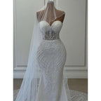 Sheath Mermaid Strapless Satin Bedaed White Long Prom Dress Wedding Dress