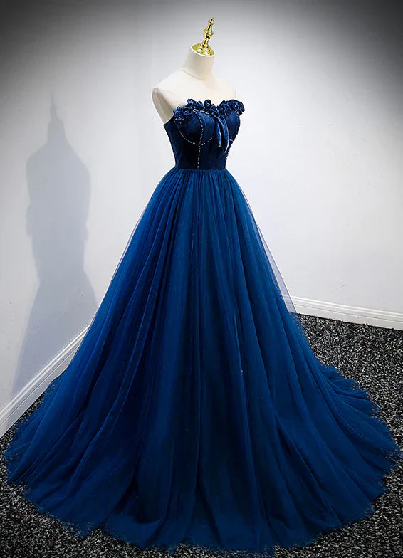 A-Line Princess Sweetheart Tulle and Velvet Long Party Dress Evening Dress Prom Dress