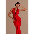 Sexy V Neck Pleats Red Mermaid Long Formal Party Dress