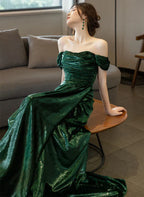 Glitter Pretty Green Off Shoulder Simple Ruched Evening Dress Long Prom Dress