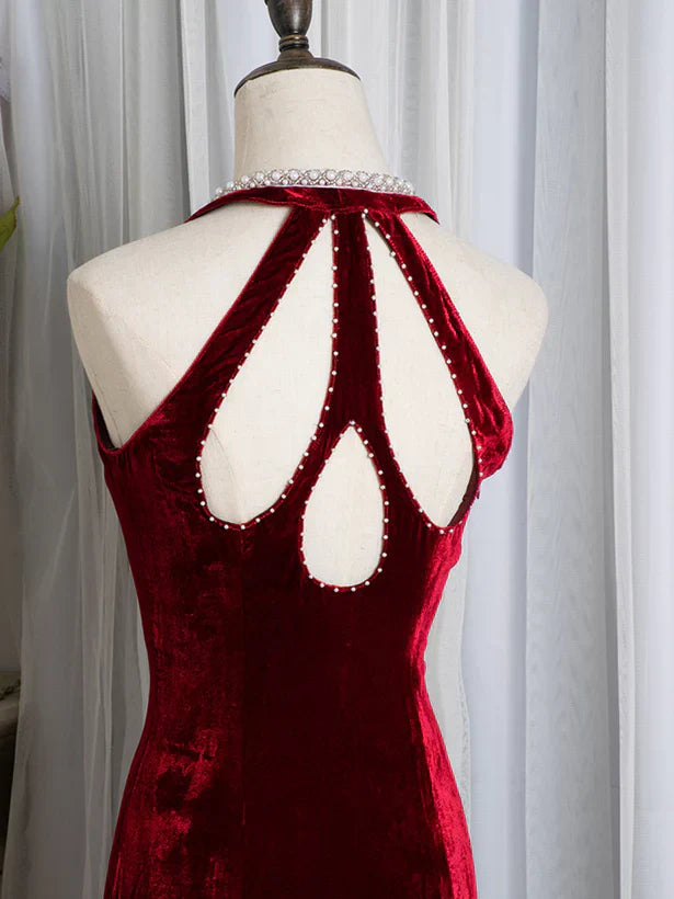 Wine Velvet Deep V-Neck Mermaid Beaded Long Party Dress Prom Dress