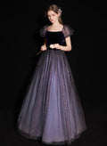 A-line Glitter Bubble Sleeved Ballgown Tulle and Velvet Long Prom Dress