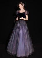 A-line Glitter Bubble Sleeved Ballgown Tulle and Velvet Long Prom Dress