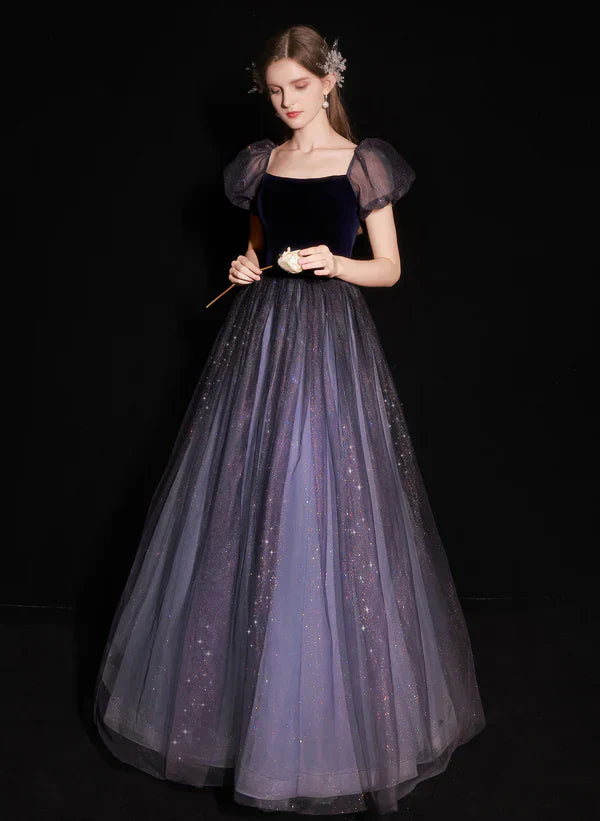 A-line Glitter Bubble Sleeved Ballgown Tulle and Velvet Long Prom Dress