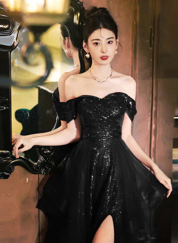 A-Line Princess Tulle Sequins Ruffle Tiered Long Prom Dress with Leg Slit Black Formal Dress