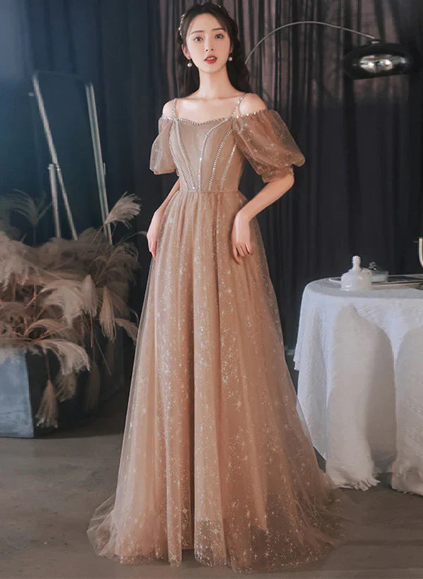 A-line Champagne Tulle Off Shoulder Long Party Dress Formal Dress Prom Dress