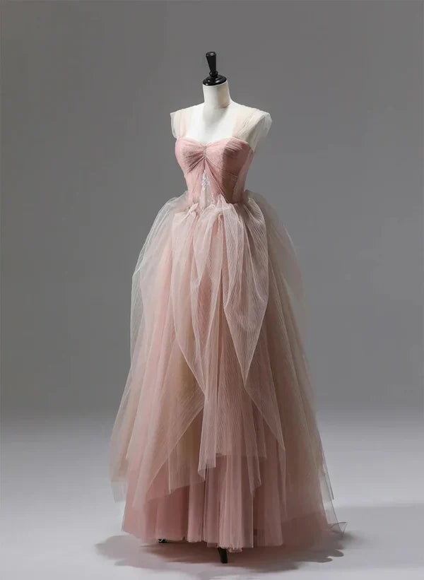 A-Line Princess Tulle Beaded Long Party Dress Prom Dress Floor Length Formal Dress