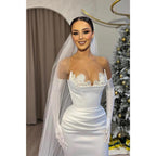 Sheath Strapless Beaded Satin Pleats White Long Prom Dress Evenign Gowns