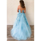 Sky Blue Tulle Appliques A-line Scoop Long Prom Dress