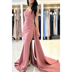 Sheath Strapless Satin Pleated High Split Long Prom Formal Dress