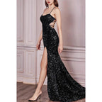 Spaghetti Straps Sleeveless Sequins Sheath Long Prom Evening Dress With Slit