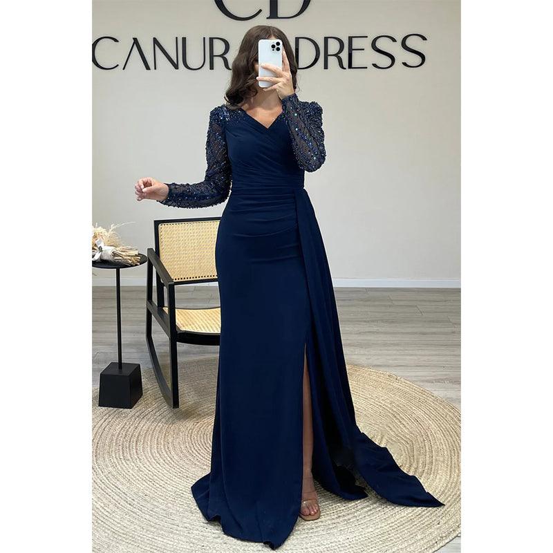 V-neck Pleatsbeaded Illusion Long Sparkly Prom Dress Formal Dress