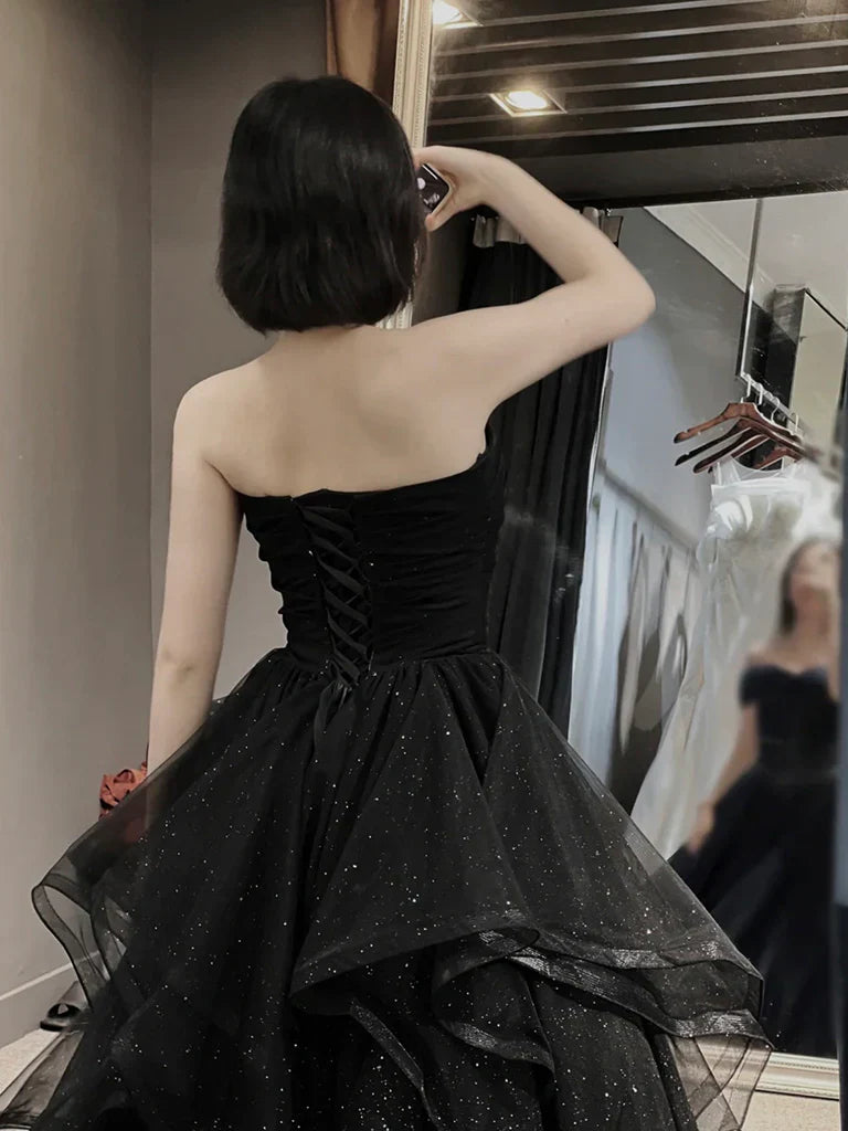 A-Line Sweetheart Neck Tulle Ruffle Tiered Ballgown Long Prom Dress