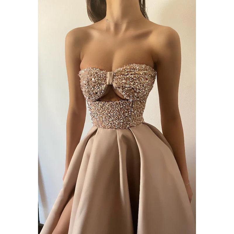 Sweetheart Sleeveless Sequined Ruched Satin A-Line Long Evening Dress
