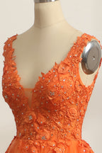 Princess A Line V Neck Orange Long Prom Dress with Appliques