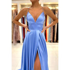 Plunging V-neck Green Blue Elastic Satin Formal Dress with Slit