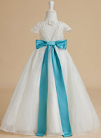 A-line Lace Organza Ankle-length Ivory Flower Girl Dress