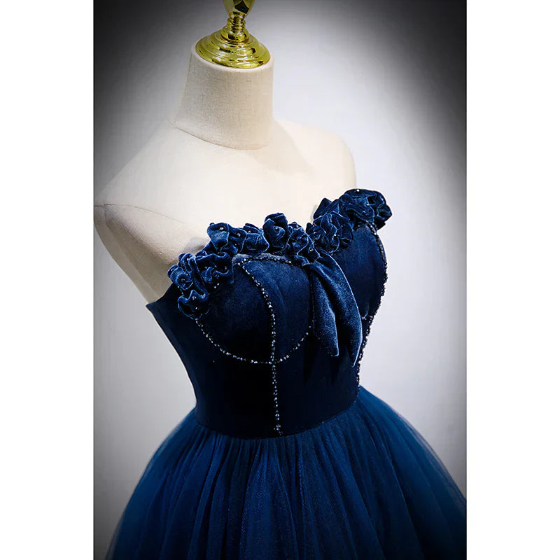 A-Line Princess Sweetheart Tulle and Velvet Long Party Dress Evening Dress Prom Dress