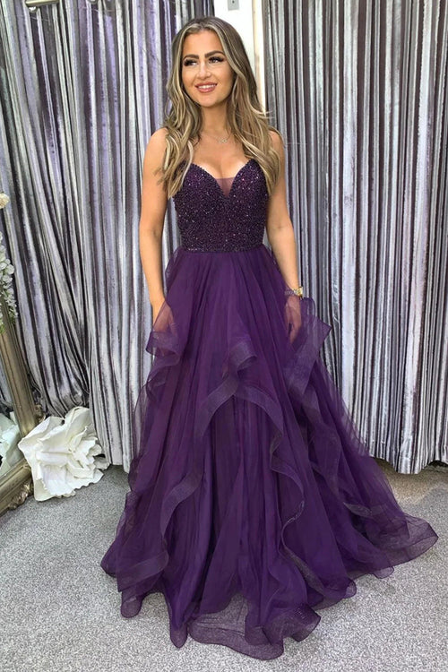 A Line Spaghetti Straps Dark Purple Long Prom Dress with Beading