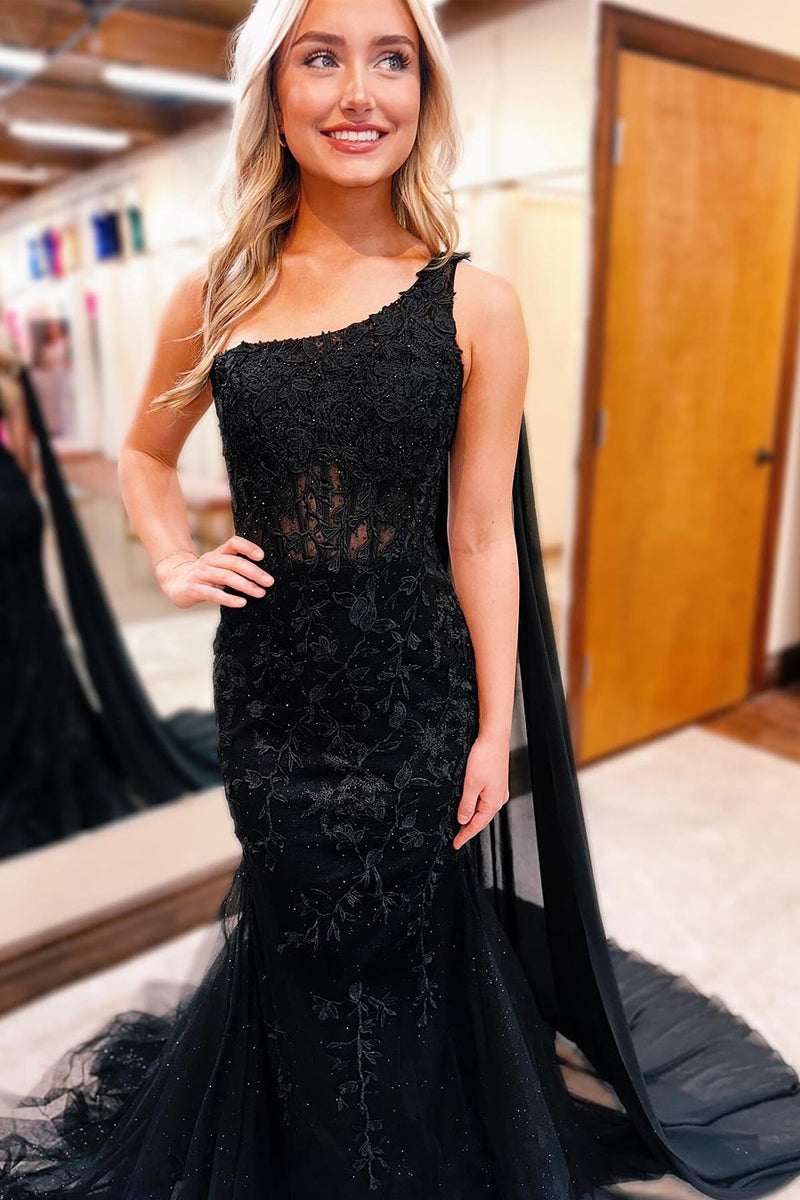 One Shoulder Appliques Mermaid Long Prom Dresses