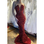 Sexy Deep V Neck Sequins Burgundy Sparkly Prom Party Dress
