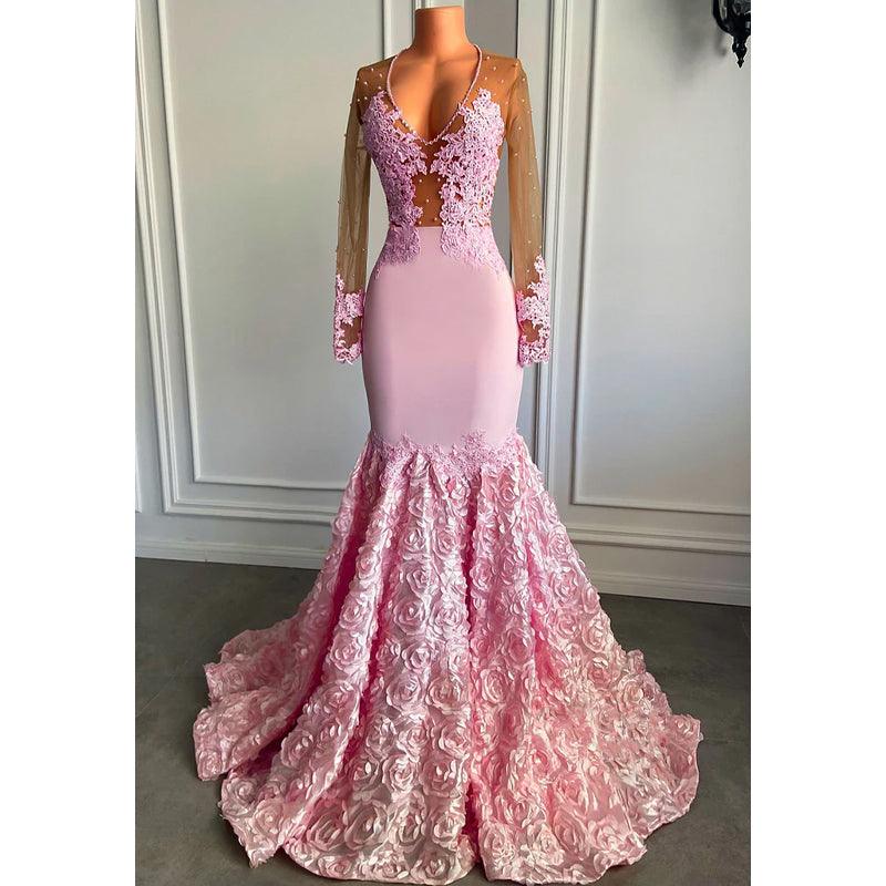 Sexy V-neck Lace Appliques Long Sleeves Mermaid Afric Prom Dress