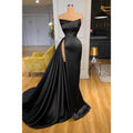 Sexy V-neck Beads Side Slit Black Formal Evening Dress