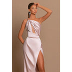 Unique One Shoulder Pleats High Split Long Prom Dress