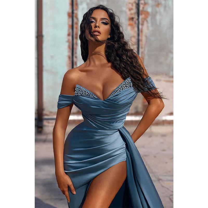 Sexy V-neck Pleats Long Prom Dress with Slit