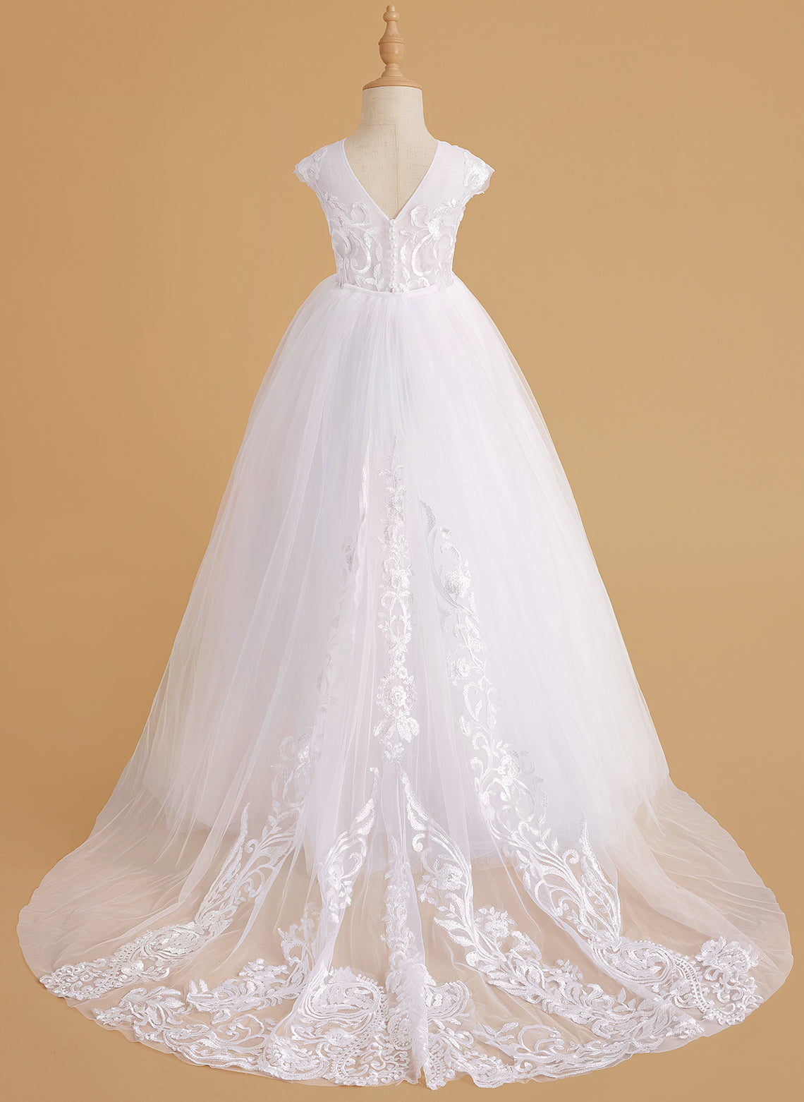 A-line Lace Tulle Sweep Train Pink Flower Girl Dress